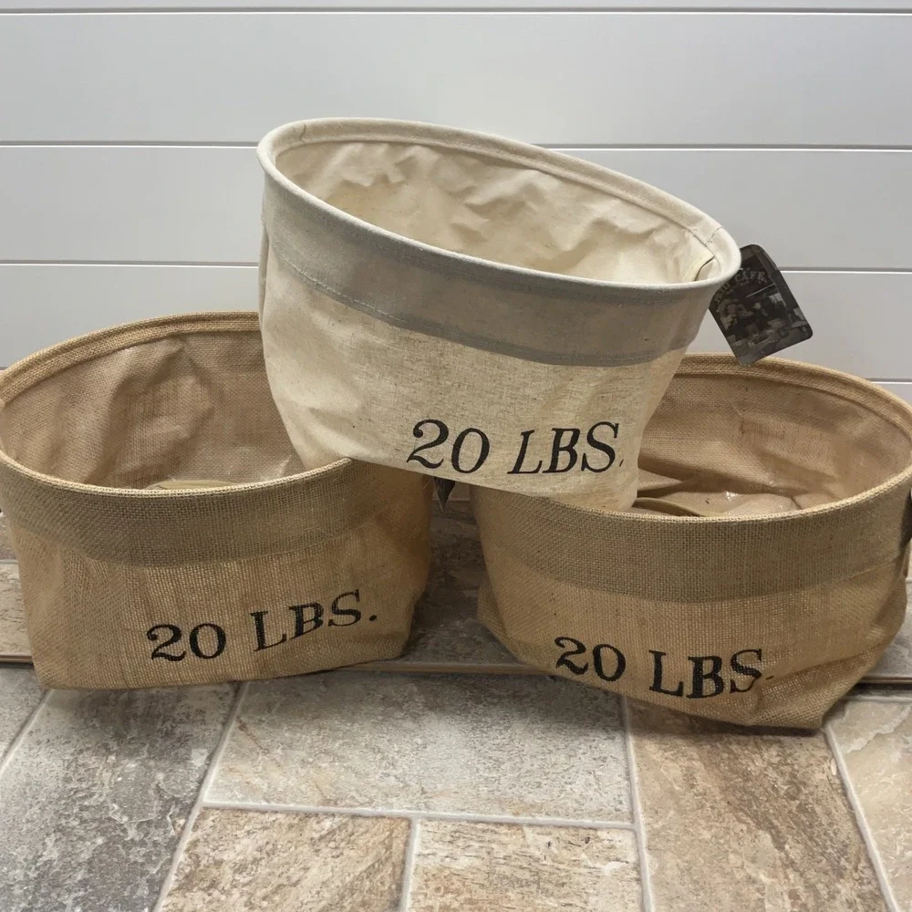 Le Petit Cafe Burlap Canvas Storage Bins Set of 3 20 LBS Vintage Farmhouse Baske